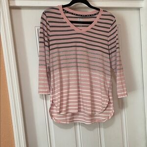 DKNY SPORT top pink with grey white stripe high low 3/4 sleeves size S